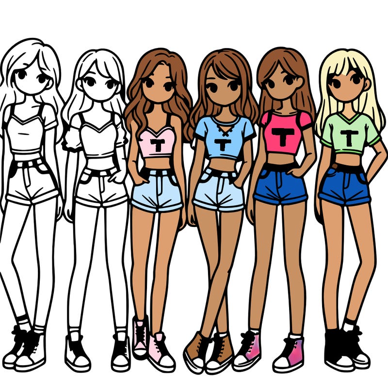 a group of girls wearing crop tops and shorts