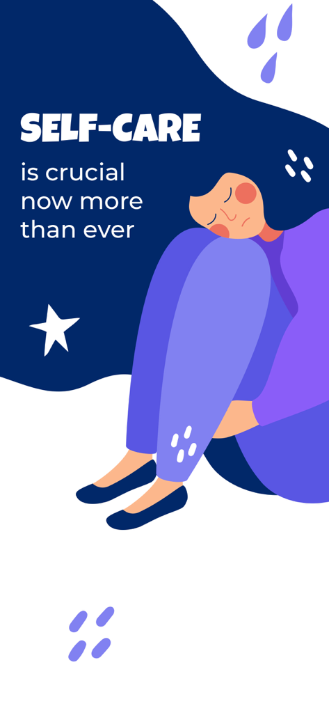 Moodnotes - Mood Tracker - An illustration of a woman in a contemplative pose with the text self-care is crucial now more than ever