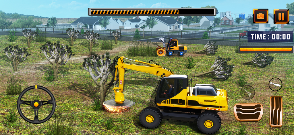 Stadium Construction Simulator - Uno screenshot di gioco di Stadium Construction Simulator che mostra un escavatore giallo con un accessorio a sega che abbatte alberi in un cantiere.