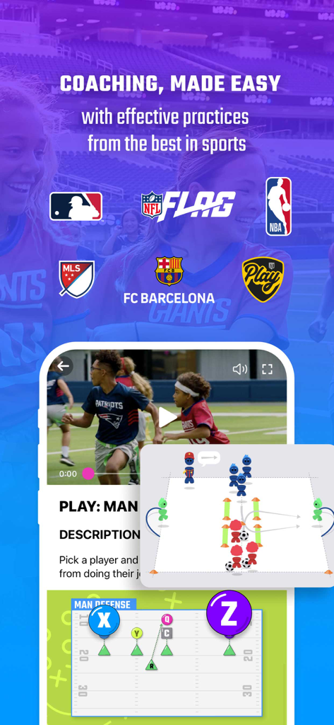 MOJO Sports app screen showing youth flag football drill videos and tactical diagrams with professional league logos