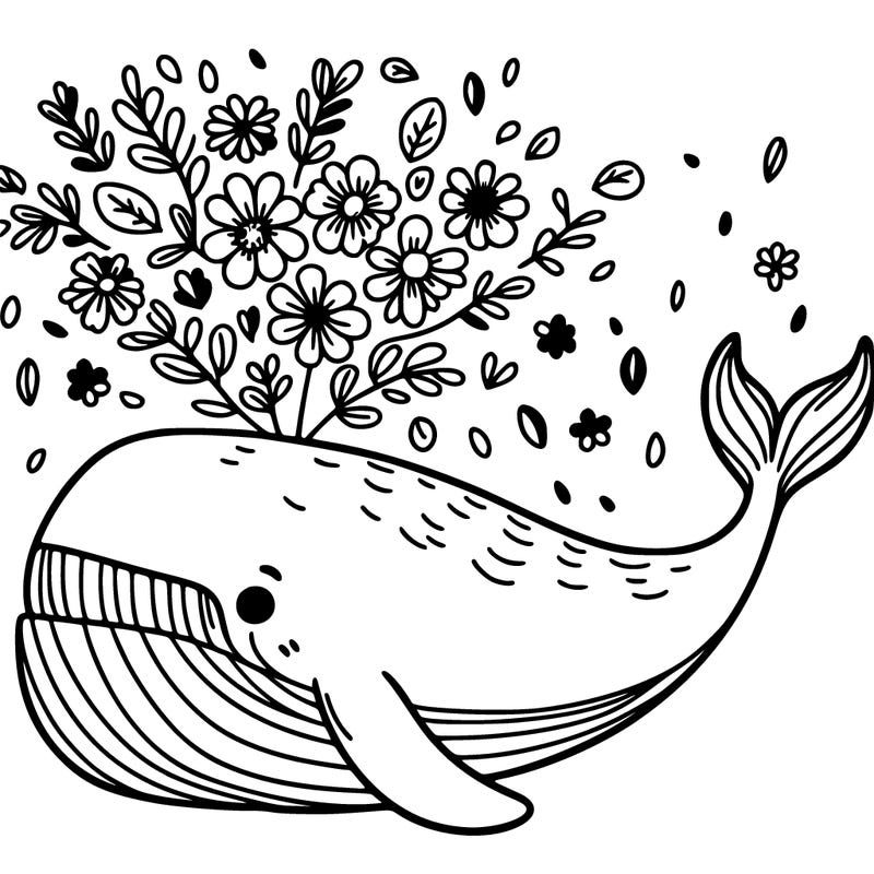 a whale with flowers falling