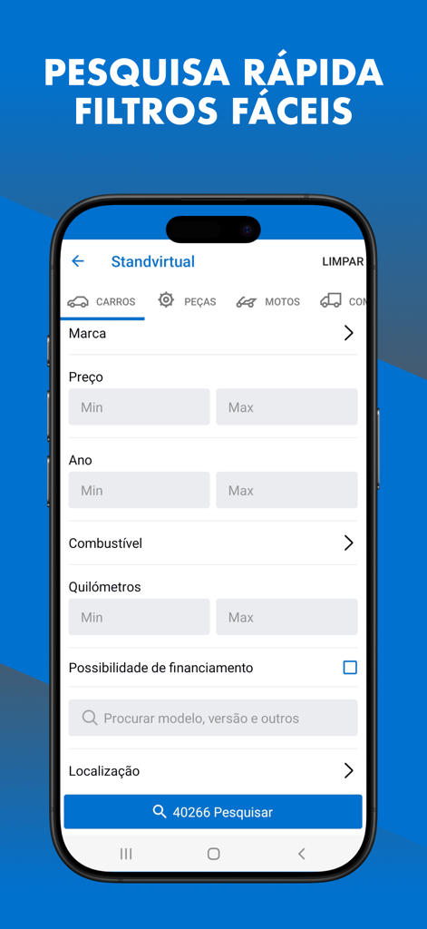 Standvirtual: Car Marketplace - Interfaz móvil de la aplicación de mercado de coches Standvirtual mostrando filtros de búsqueda avanzados para vehículos y piezas de automóviles.