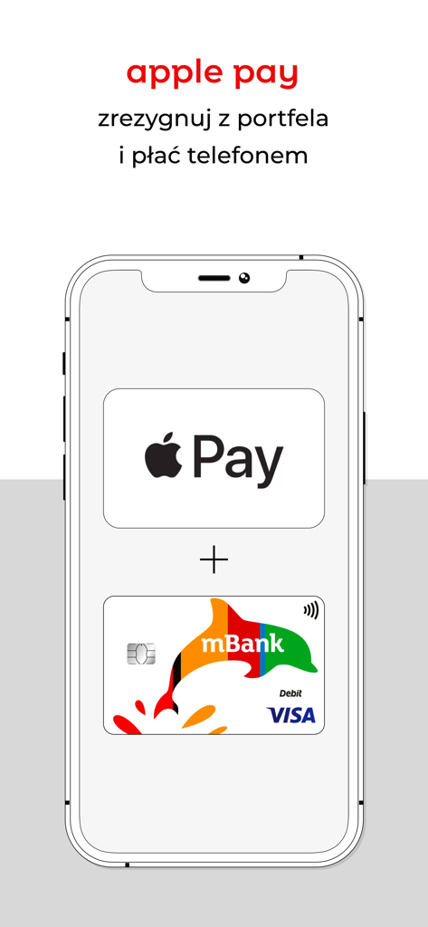 mBank PL - Twój bank i finanse - mBank PL mobile app screen showing Apple Pay integration with an mBank Visa debit card for phone payments