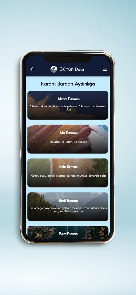 Gunun Duasiアプリで、アスマの名前とその意味のリストを表示するモバイル画面