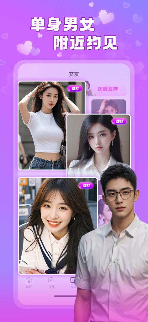 麦趣聊天— 一对一视频聊天交友软件 - 맥취챗 모바일 앱 화면, 근처 영상 데이트를 위한 미혼 남녀 사용자 프로필 표시.