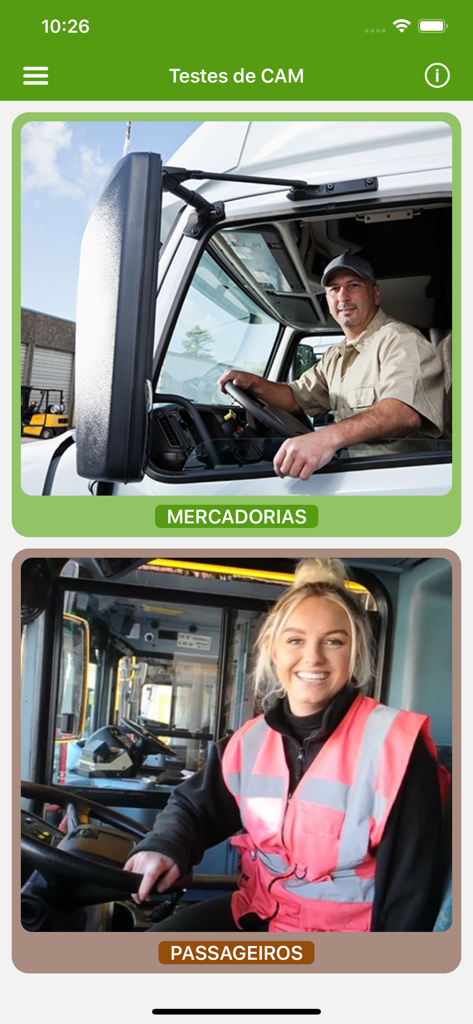 Main menu of the Testes de CAM app featuring goods and passenger test categories