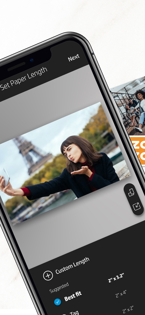 HP Sprocket Panorama - Mobile app interface for choosing custom paper length and print sizes for photo stickers
