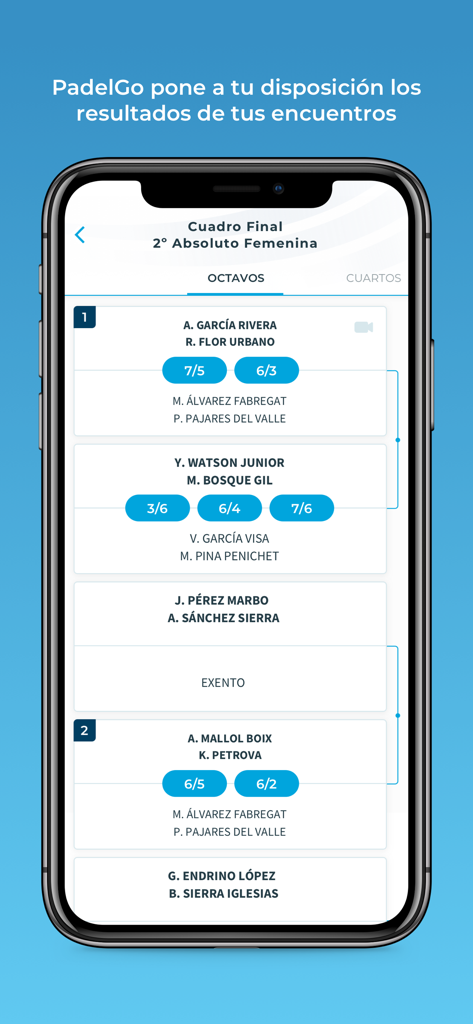 PADELGO - PADELGO app interface displaying padel tournament brackets and match results for players