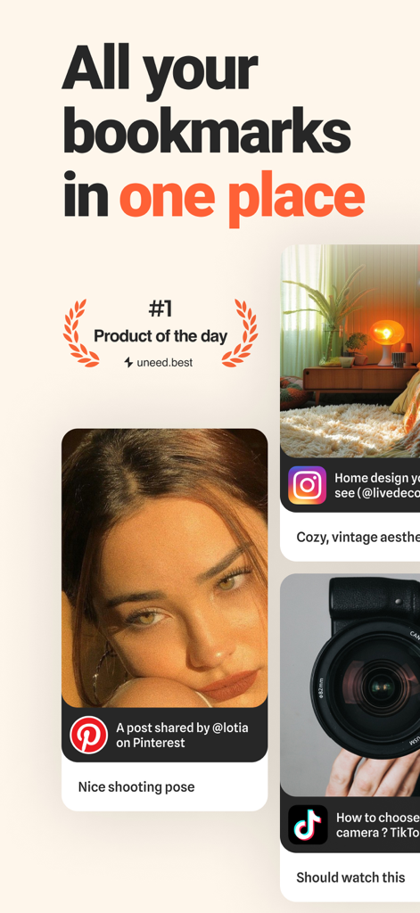 Centralsave 앱 인터페이스는 Pinterest Instagram 및 TikTok의 저장된 북마크와 '모든 북마크를 한곳에'라는 헤드라인을 보여줍니다.