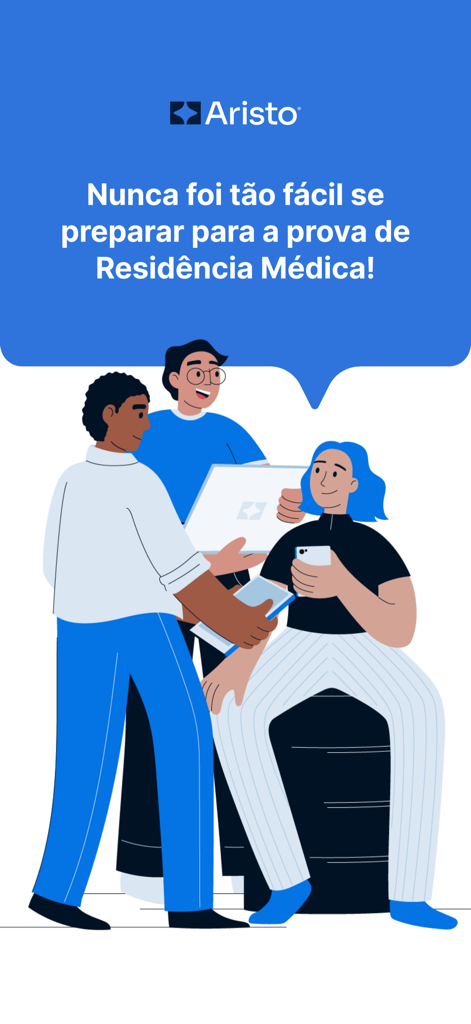 Illustration of three medical students using digital devices for residency exam preparation with Aristo Class.