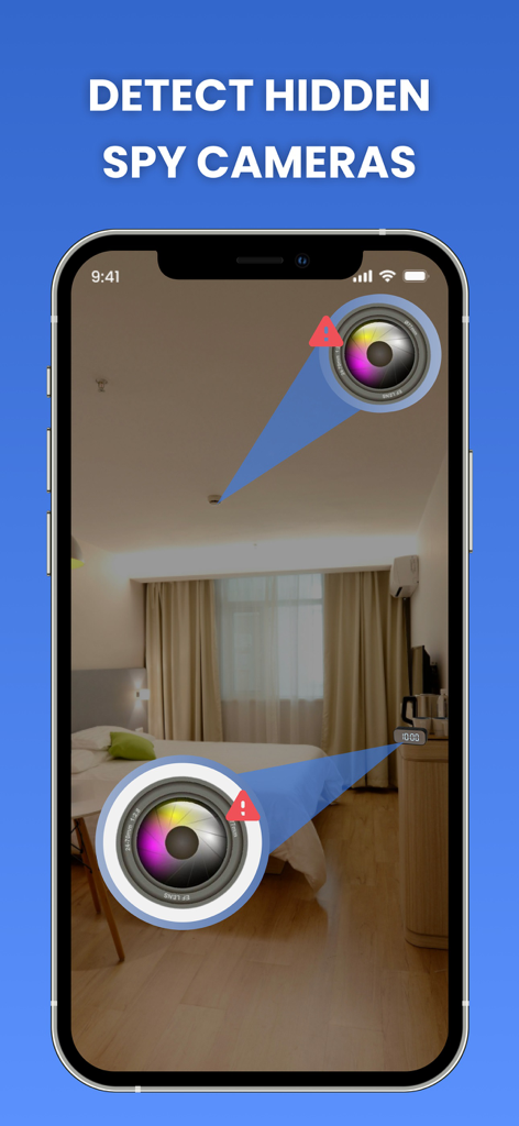Hidden Camera Detector - Pantalla de smartphone mostrando la aplicación Hidden Camera Detector escaneando una habitación de hotel en busca de dispositivos ocultos