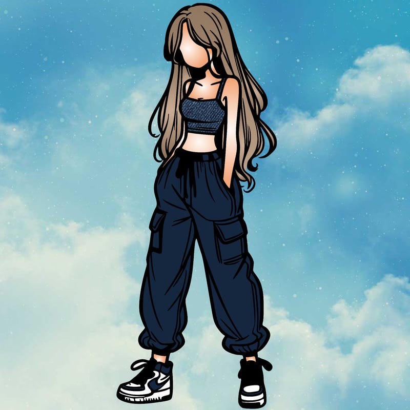 girl in baggy pants crop top and long hair