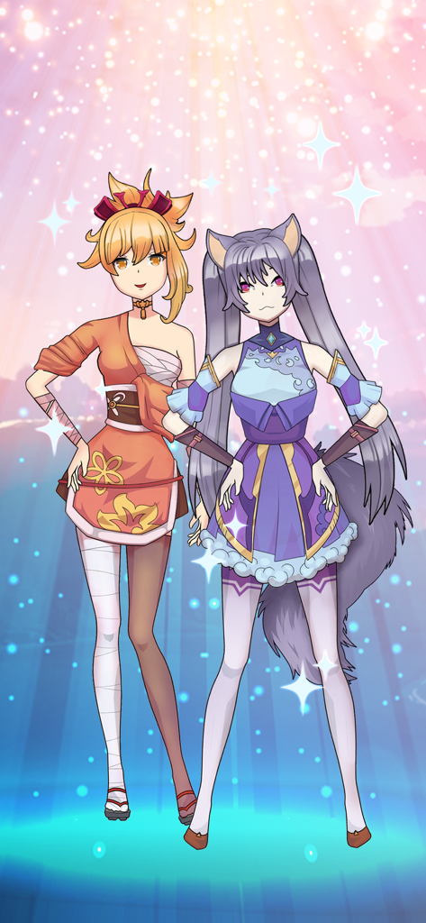 Anime Dress Up Games: Moe Doll - Dos personajes de anime personalizados con atuendos de fantasía coloridos frente a un fondo mágico brillante