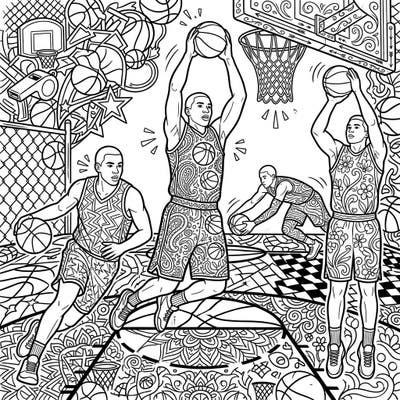 Immerse yourself in the exciting world of basketball with this intricate adult coloring page, capturing dynamic players in full action. Perfect for sports enthusiasts seeking a detailed and relaxing creative challenge.