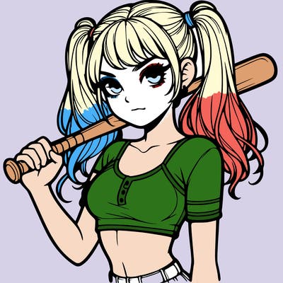 a realistic girl with ponytails she had a croptop and is holding a baseball bat above her shoulder