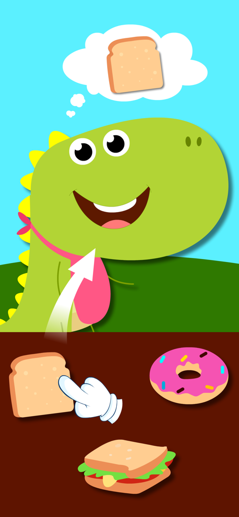 Un mini-gioco di nutrimento e smistamento di dinosauri per bambini all'interno dell'app Telefono per Bambini