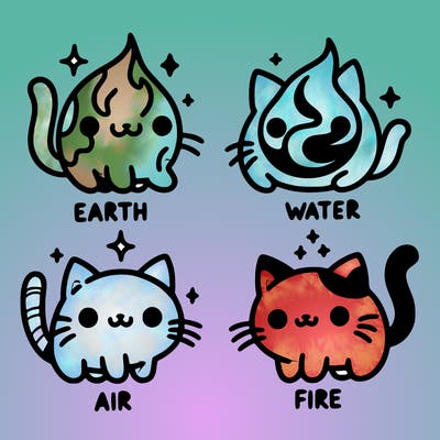 4 cats that represent the different elements, earth, water, air, and fire