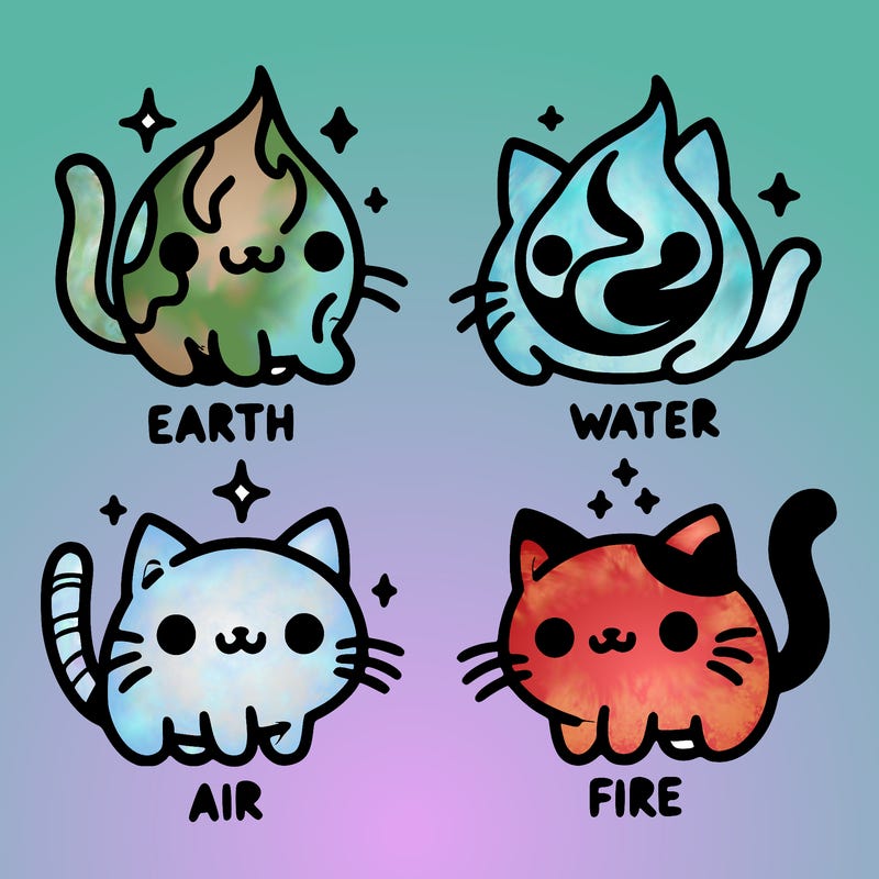 4 cats that represent the different elements, earth, water, air, and fire