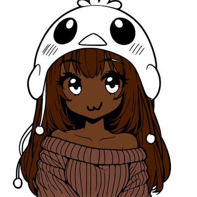 anime girl with chick shaped hat with sweater with bare shoulders with bangs covering them one eye with low tail
