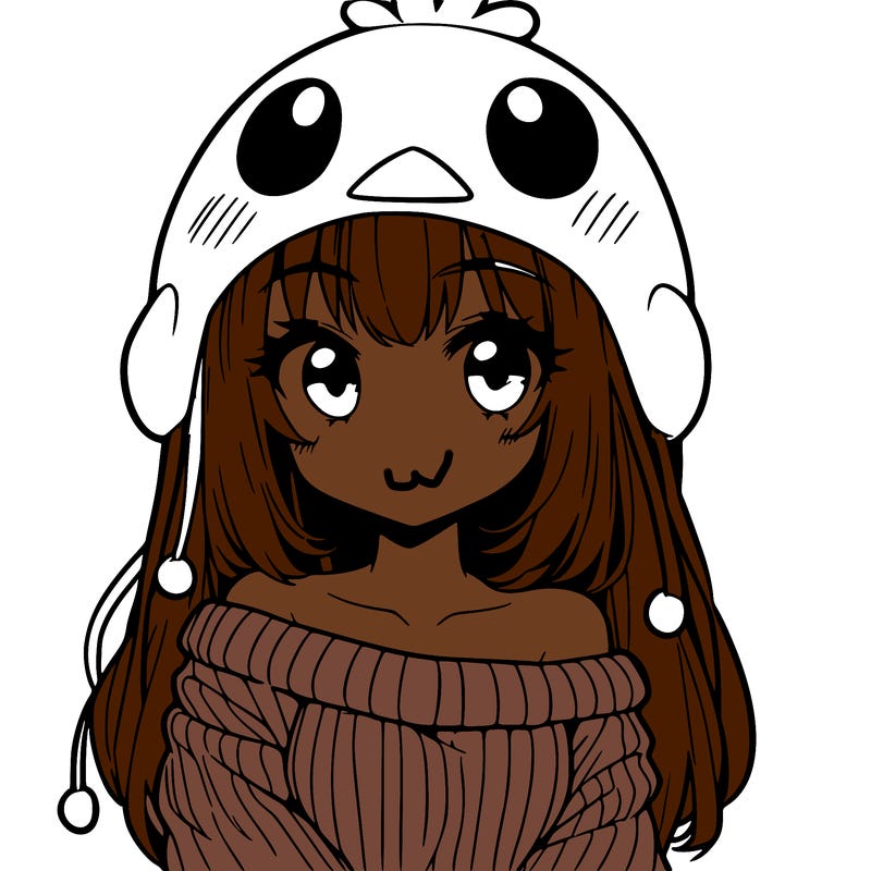anime girl with chick shaped hat with sweater with bare shoulders with bangs covering them one eye with low tail
