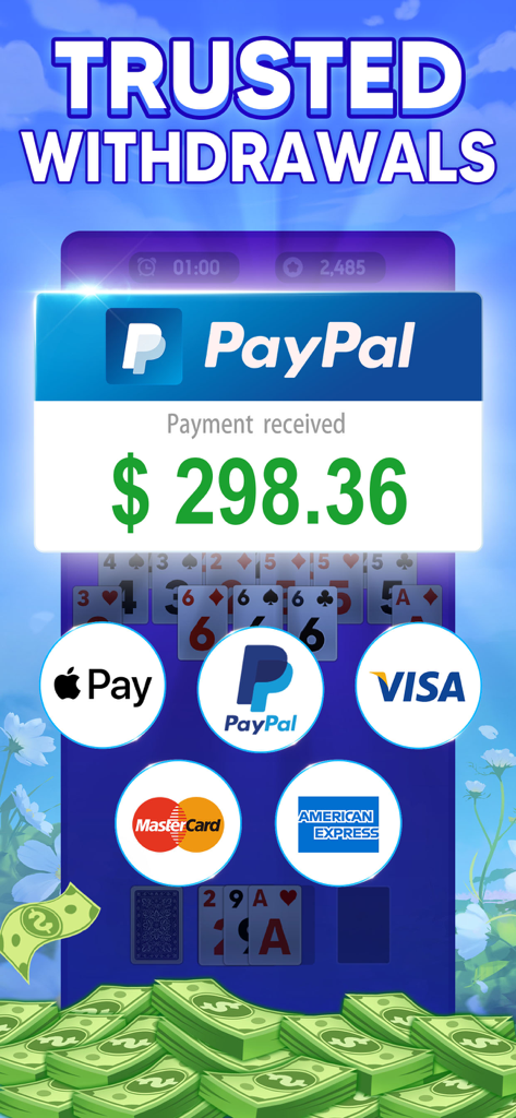Pyramid Solitaire: Win Cash - Pyramid Solitaire app screen displaying trusted withdrawal methods like PayPal Apple Pay and Visa with a cash prize notification