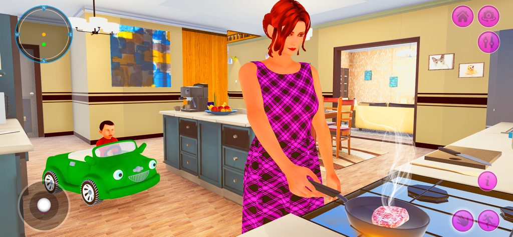 Babysitter Simulator 3D - A babysitter cooking in a kitchen while a child plays in a green toy car