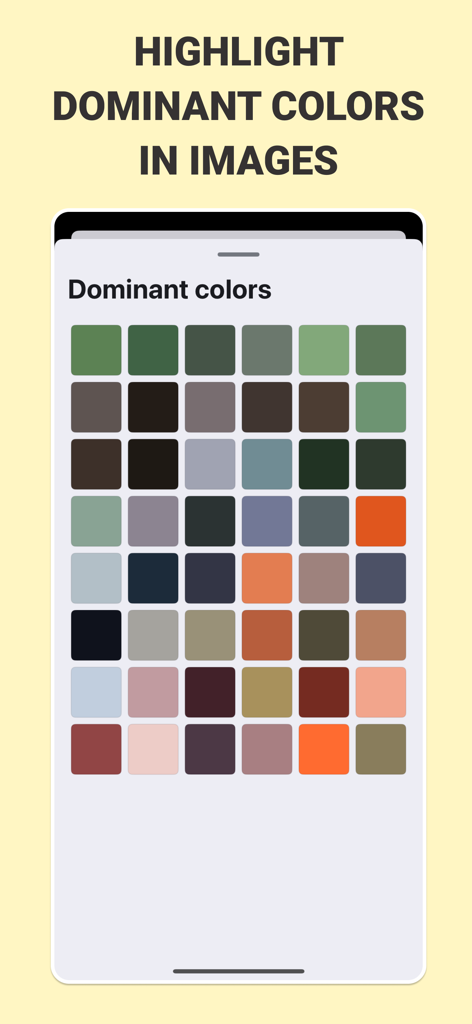 A grid of dominant color swatches extracted from an image in the Color and Palettes app.