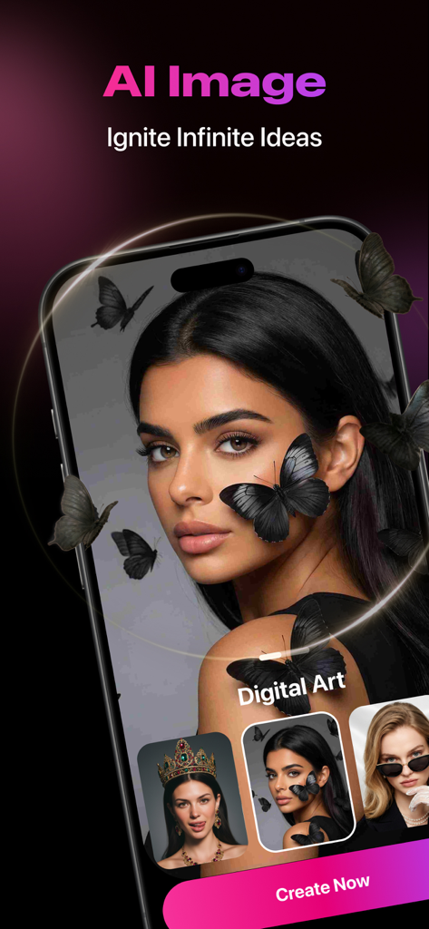 Pantalla de smartphone mostrando la función de la aplicación VStyle para retratos de arte digital generados por IA con mariposas