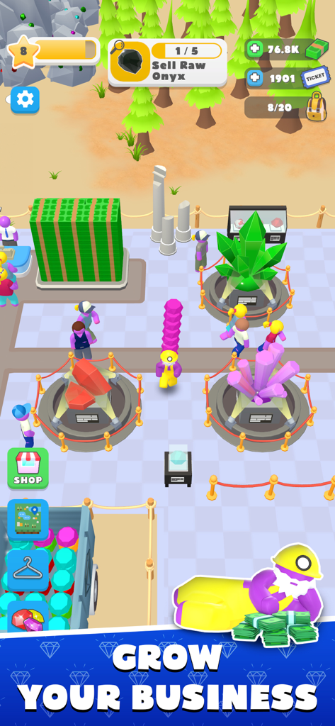 Miner Tycoon :  Big Dynamite - A character manages a gemstone museum in Miner Tycoon Big Dynamite with various colorful crystals on display and a message to grow your business