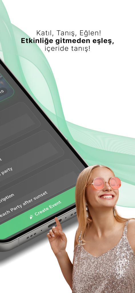 Tanışma, Arkadaşlık & Flört - A smiling woman pointing at the Create Event screen on the Skoal mobile app