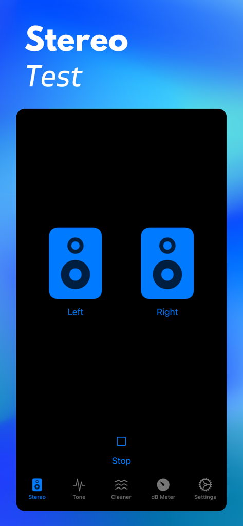 A mobile app interface showing a stereo test feature with separate icons for left and right speaker channels
