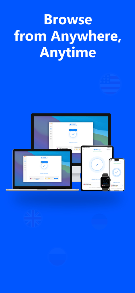 Interface do aplicativo VPN exibida em vários dispositivos Apple, incluindo iPhone, iPad, Mac e Apple Watch