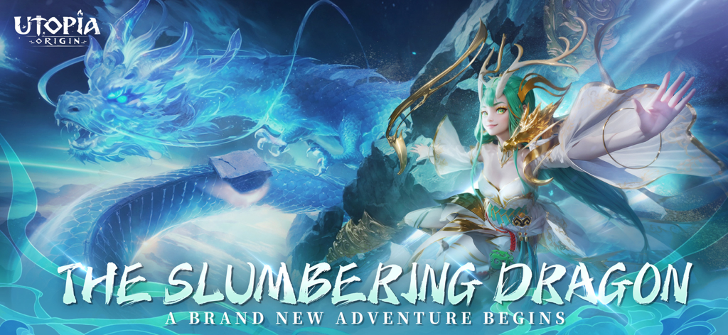 Utopia: Origin - Banner do jogo Utopia Origin apresentando um grande dragão azul e uma personagem feminina mágica.