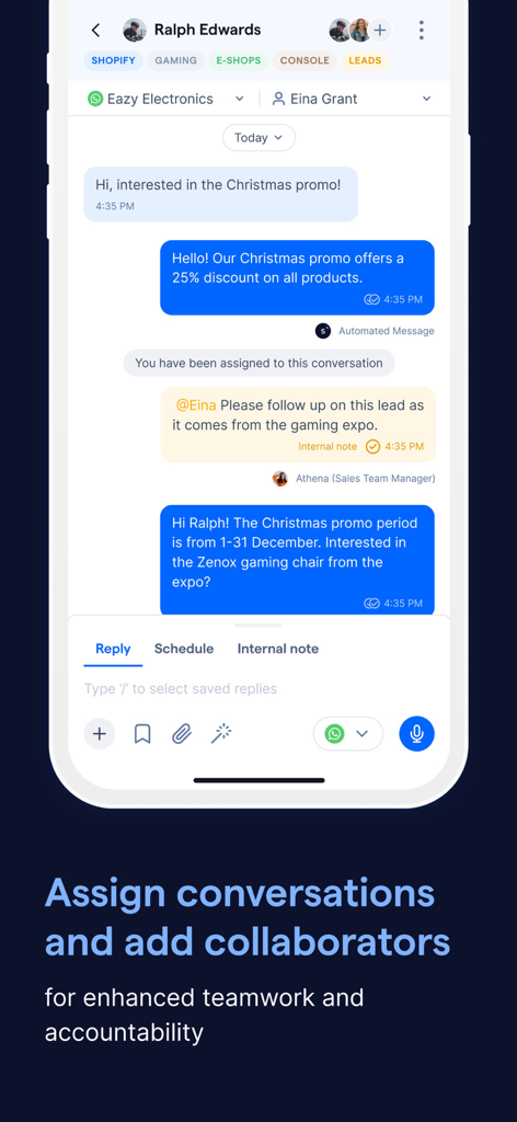 SleekFlow app interface showing customer chat with team assignment and internal collaboration notes