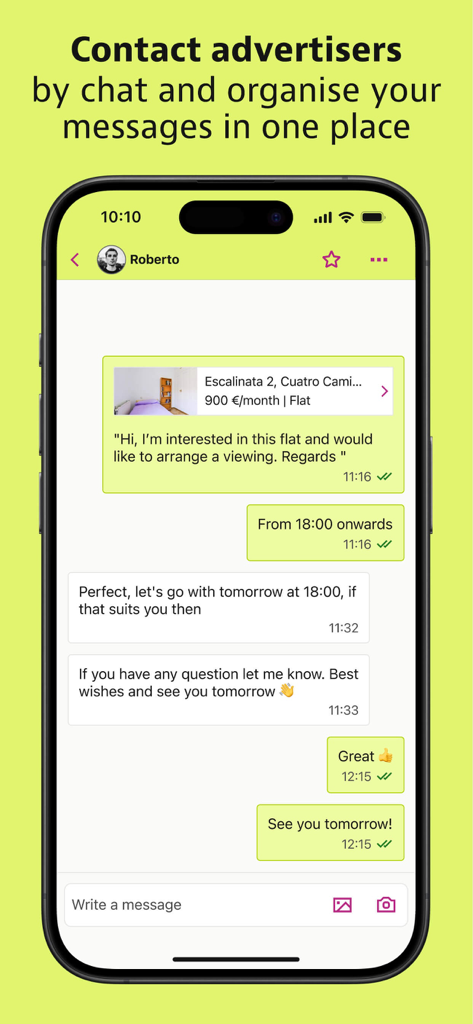 Idealista app screenshot showing the in-app chat interface used to contact property advertisers and organize messages.