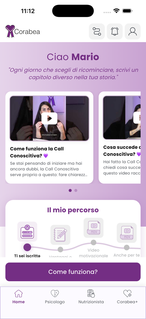 Corabea - Corabea mobile app home screen showing a personalized recovery journey and expert video resources for eating disorders