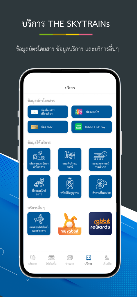 A screenshot of the services menu in THE SKYTRAINs app featuring ticket information route maps and travel rewards icons