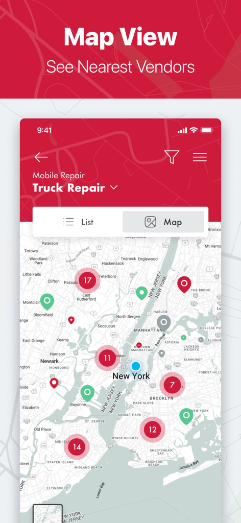 Visualização de mapa no aplicativo Find Truck Service mostrando fornecedores de reparo de caminhões próximos com pinos em um mapa de Nova York