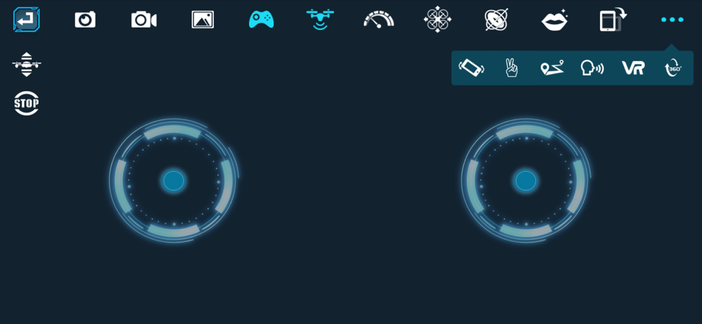 TRB FPV - TRB FPV drone controller app interface showing virtual joysticks and specialized flight features