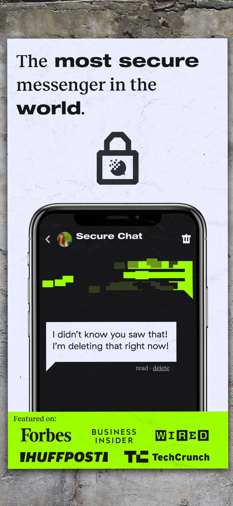 Marketing graphic for Dust messenger highlighting its secure chat features and media endorsements from Forbes and Wired