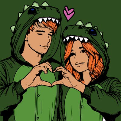 realistic couple wearing matching dinosaur onesies with heart hand gesture