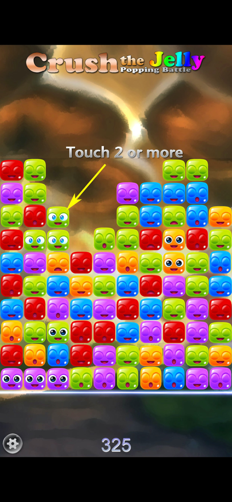 Crush the Jelly - Net PvP - Gameplay screen of Crush the Jelly showing a grid of colorful expressive jelly blocks with an instruction to touch two or more to pop them