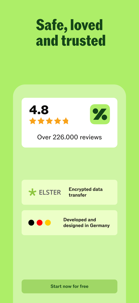 Taxfix app screen showing high user ratings and encrypted ELSTER data transfer