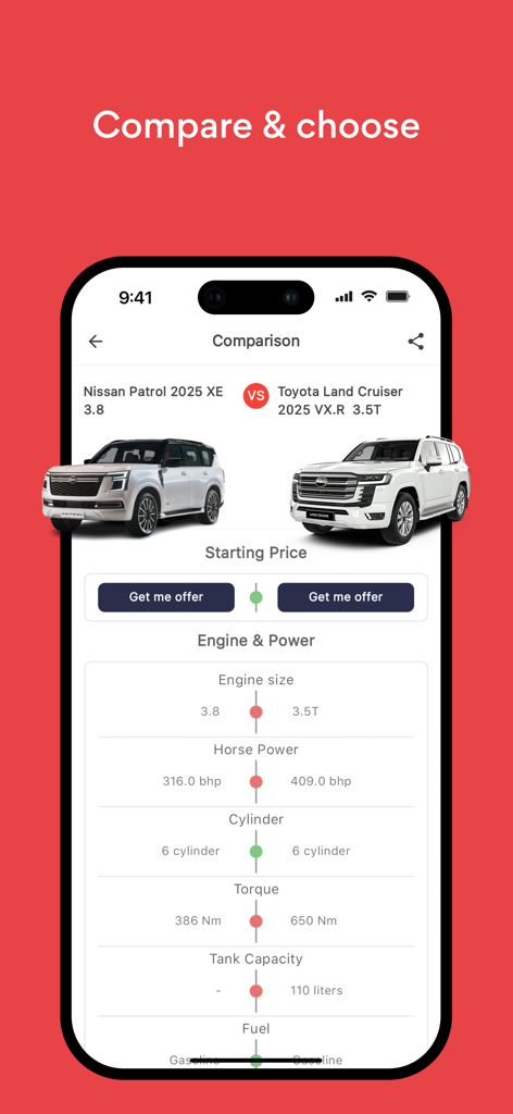 iQ Cars - سوق سيارات العراق - A side-by-side vehicle comparison in the iQ Cars app showing detailed engine and power specifications for a Nissan Patrol and a Toyota Land Cruiser.