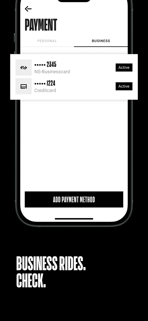 Payment screen in the Check shared mobility app showing business account payment methods