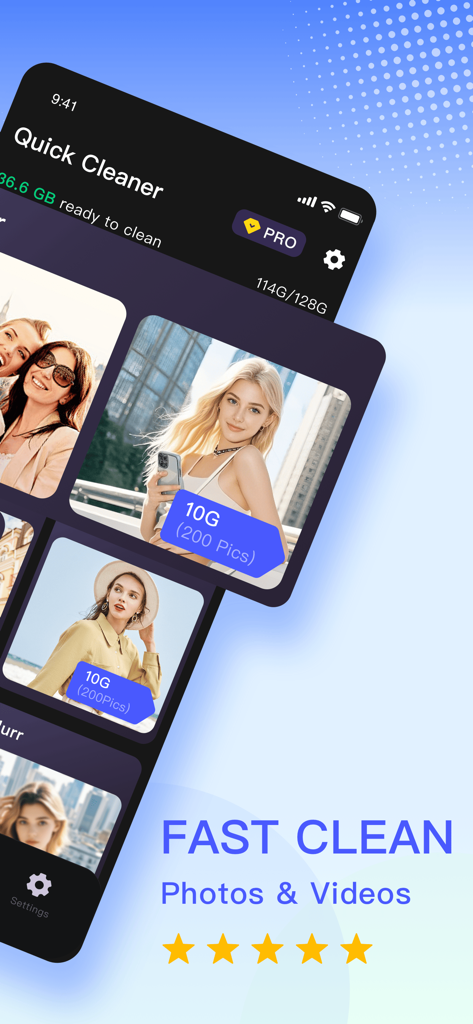 Quick Cleaner app interface showing fast cleanup for photos and videos