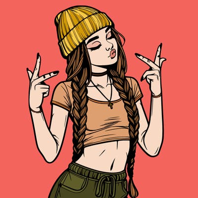 realistic teenage girl with braids and a beanie and crop top doing 🫶🏼