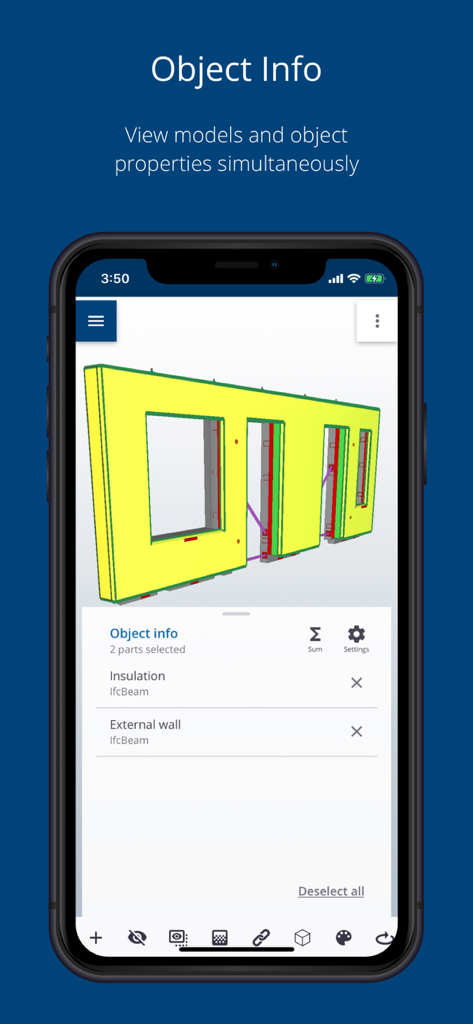 App Trimble Connect che visualizza un modello di costruzione 3D con informazioni e proprietà dettagliate degli oggetti
