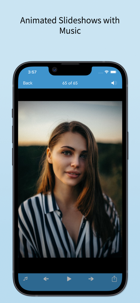Smartphone displaying an animated photo slideshow with music in a secure album app