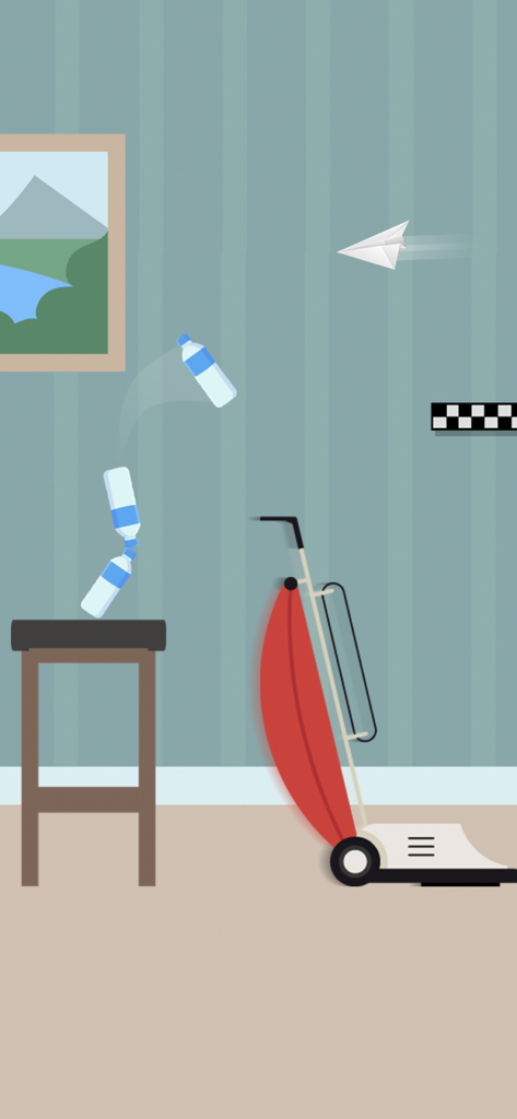 A water bottle flipping over a stool and a vacuum cleaner in a room with striped wallpaper.